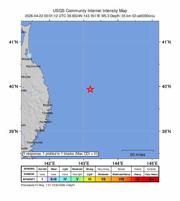 USGS DYFI community-reported intensity map for the M5.3 earthquake near 111 km ENE of Miyako, Japan