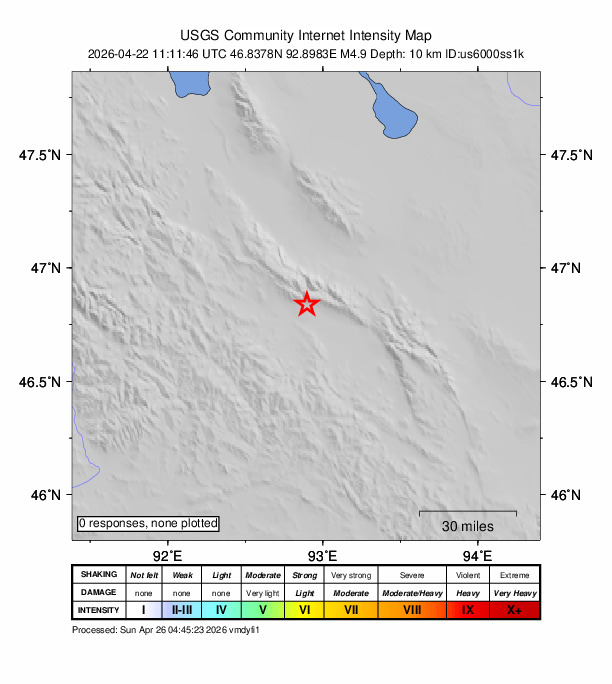 USGS DYFI community-reported intensity map for the M4.9 earthquake near 168 km SE of Khovd, Mongolia