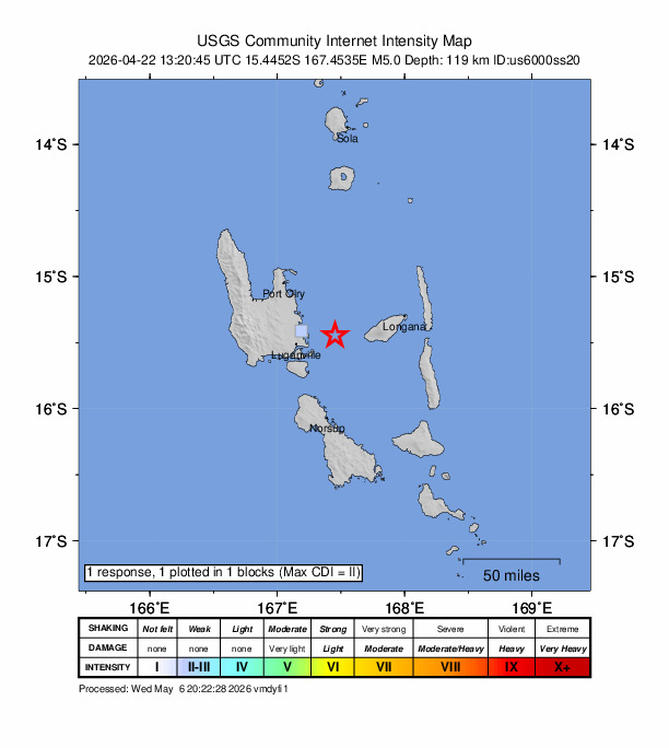 USGS DYFI community-reported intensity map for the M5.0 earthquake near 32 km ENE of Luganville, Vanuatu