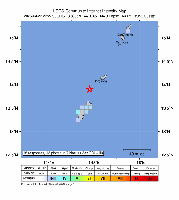 USGS DYFI community-reported intensity map for the M5.0 earthquake near 46 km N of Yigo Village, Guam
