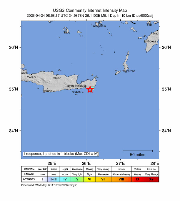 USGS DYFI community-reported intensity map for the M5.1 earthquake near 24 km S of Sitia, Greece