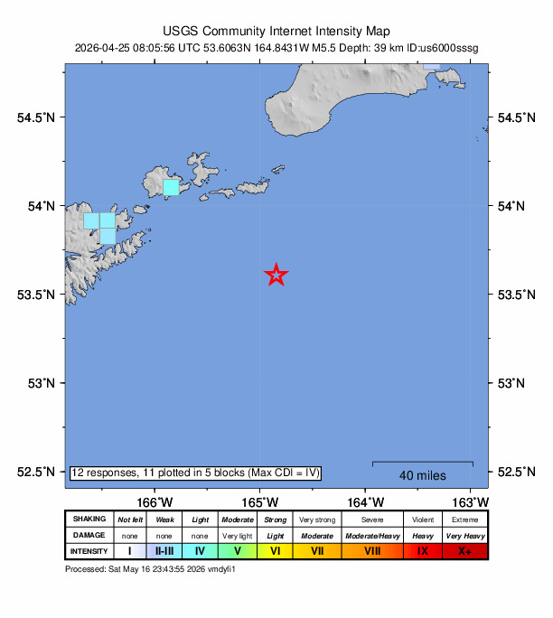 USGS DYFI community-reported intensity map for the M5.5 earthquake near 88 km SE of Akutan, Alaska