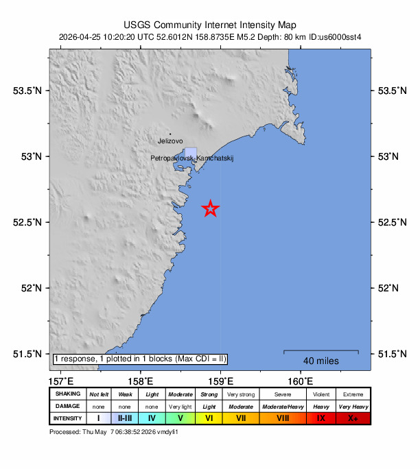 USGS DYFI community-reported intensity map for the M5.2 earthquake near 47 km SE of Vilyuchinsk, Russia