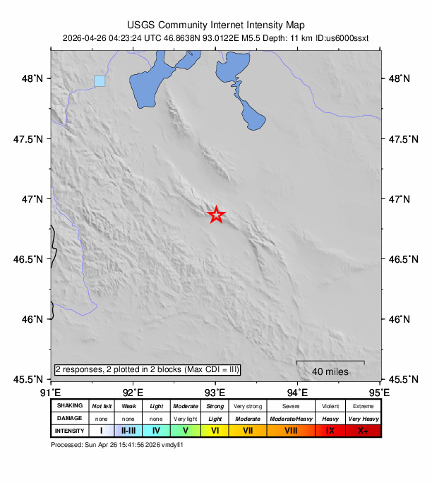 USGS DYFI community-reported intensity map for the M5.5 earthquake near 170 km SE of Khovd, Mongolia
