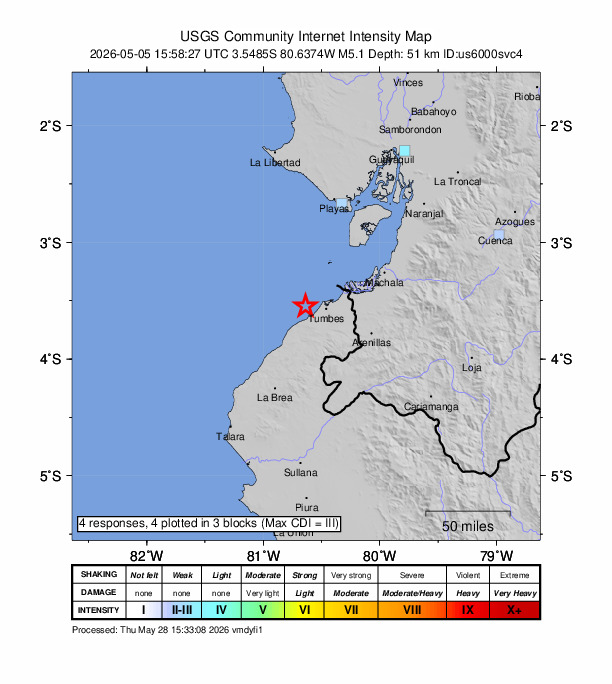 USGS DYFI community-reported intensity map for the M4.9 earthquake near 14 km N of Zorritos, Peru
