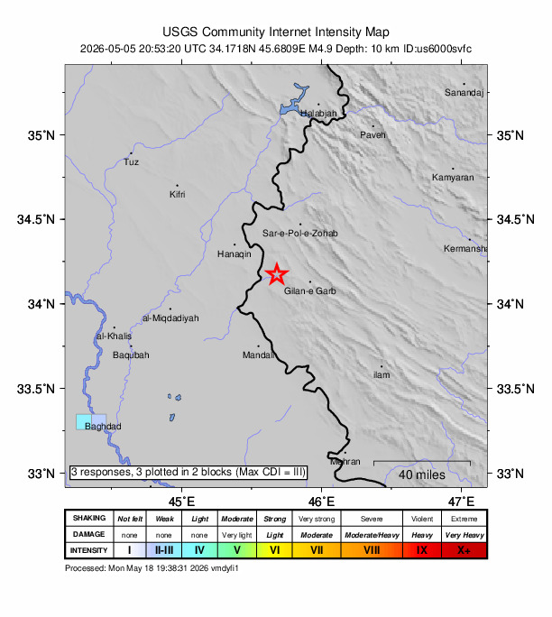 USGS DYFI community-reported intensity map for the M4.9 earthquake near 36 km SSW of Sarpol-e Z̄ahāb, Iran