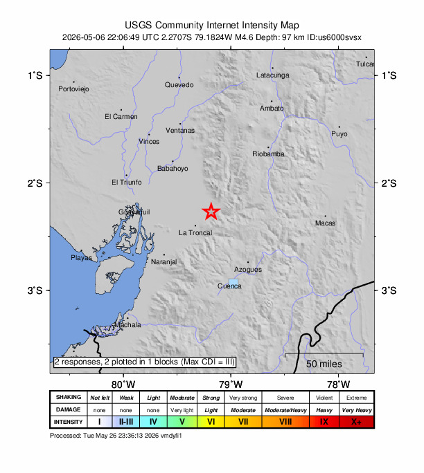 USGS DYFI community-reported intensity map for the M4.6 earthquake near 24 km NE of La Troncal, Ecuador