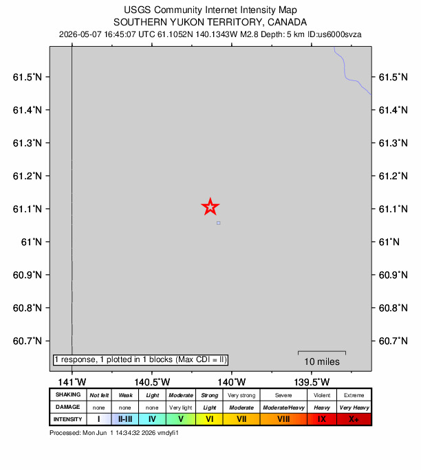 USGS DYFI community-reported intensity map for the M2.8 earthquake near 153 km ESE of McCarthy, Alaska