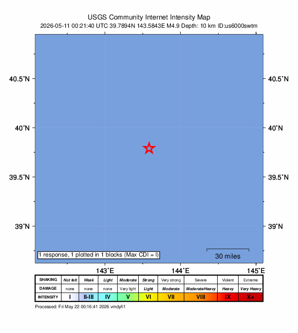 USGS DYFI community-reported intensity map for the M4.9 earthquake near 151 km E of Miyako, Japan