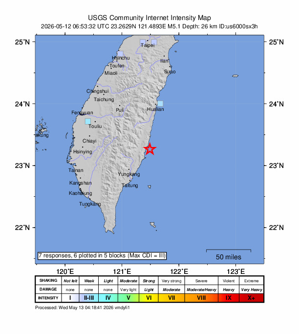 USGS DYFI community-reported intensity map for the M5.1 earthquake near 81 km S of Hualien City, Taiwan