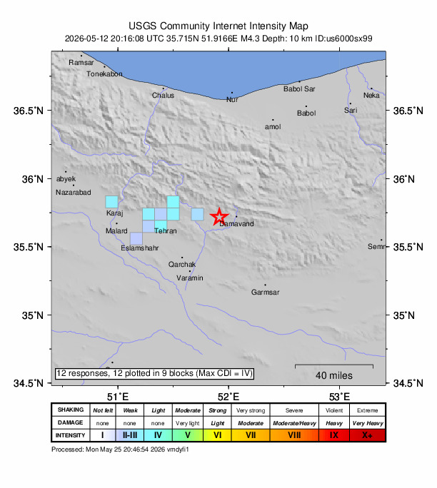 USGS DYFI community-reported intensity map for the M4.3 earthquake near 13 km W of Damāvand, Iran