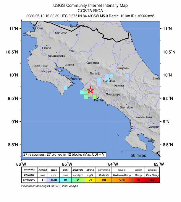 USGS DYFI community-reported intensity map for the M5.0 earthquake near 16 km ENE of Jacó, Costa Rica