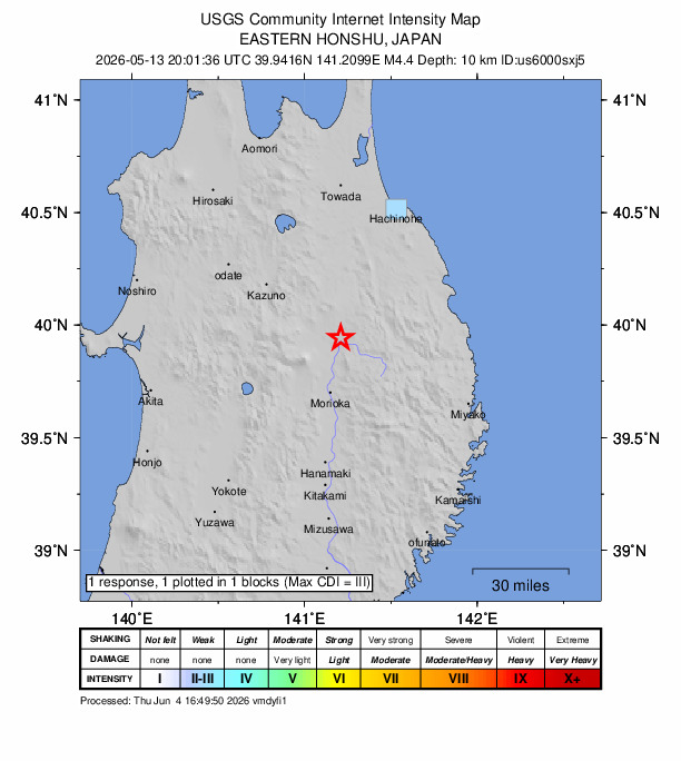 USGS DYFI community-reported intensity map for the M4.4 earthquake near 8 km NE of Hachimantai, Japan