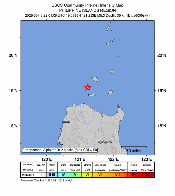 USGS DYFI community-reported intensity map for the M5.3 earthquake near 53 km N of Namuac, Philippines