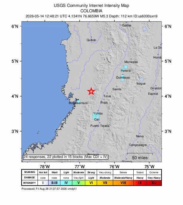 USGS DYFI community-reported intensity map for the M5.3 earthquake near 30 km NW of Darien, Colombia