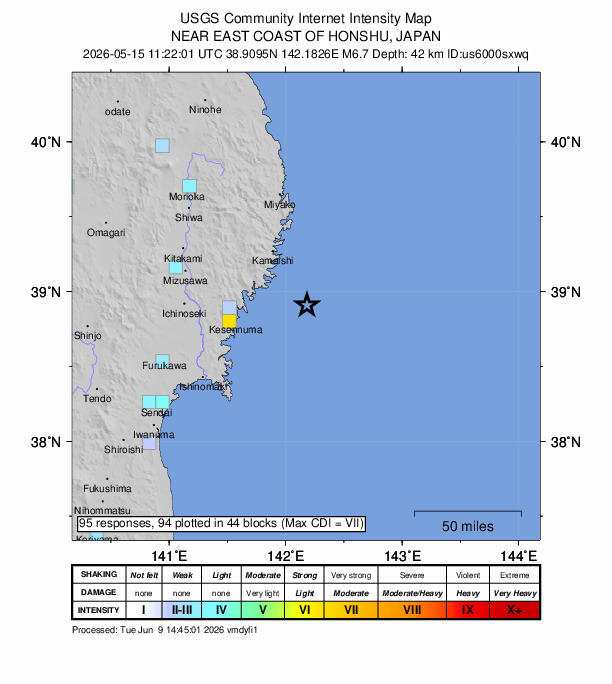 USGS DYFI community-reported intensity map for the M6.7 earthquake near 41 km ESE of Ōfunato, Japan