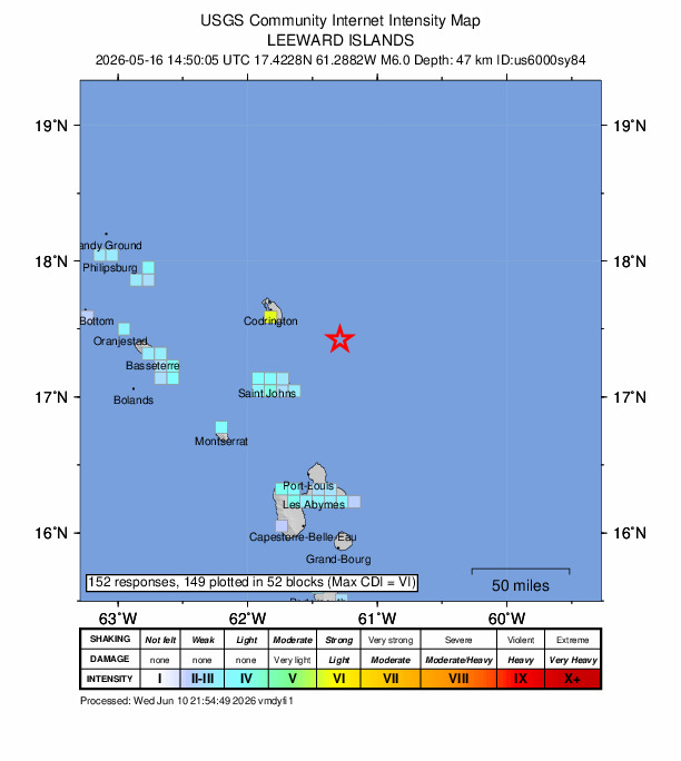 USGS DYFI community-reported intensity map for the M6.0 earthquake near 61 km ESE of Codrington, Antigua and Barbuda