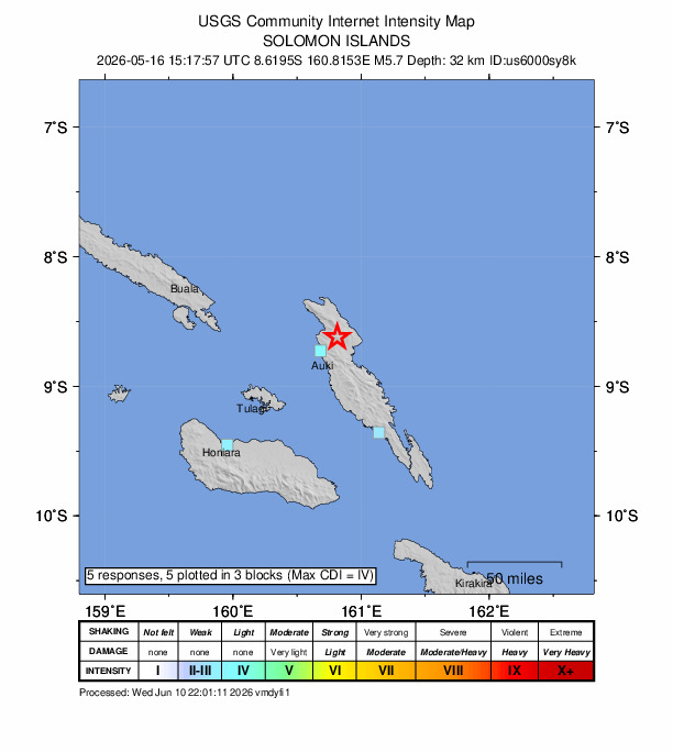 USGS DYFI community-reported intensity map for the M5.7 earthquake near 20 km NE of Auki, Solomon Islands