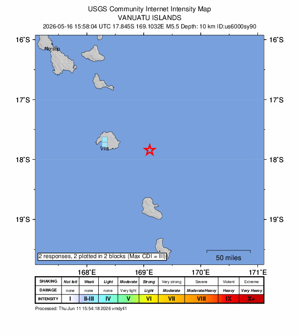 USGS DYFI community-reported intensity map for the M5.5 earthquake near 84 km E of Port-Vila, Vanuatu
