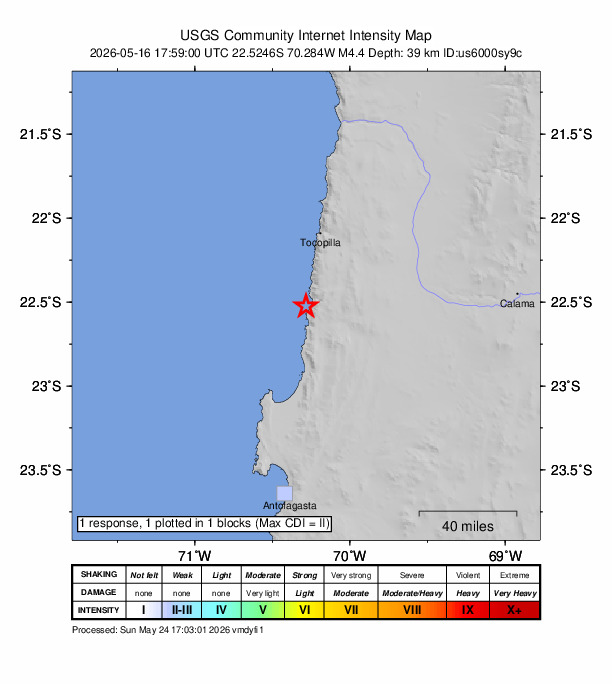 USGS DYFI community-reported intensity map for the M4.4 earthquake near 48 km S of Tocopilla, Chile
