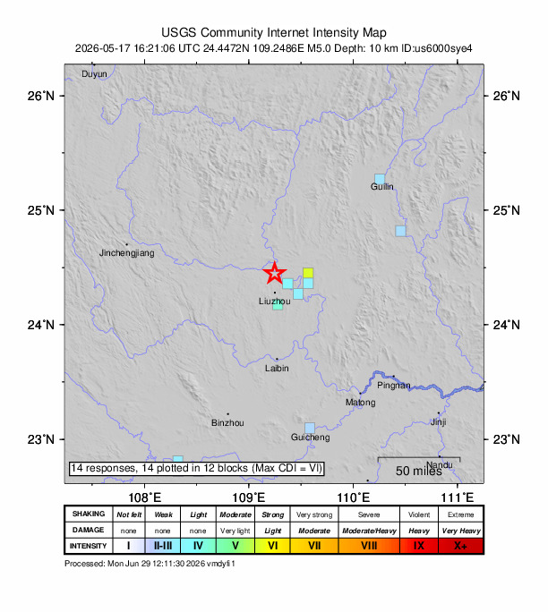 USGS DYFI community-reported intensity map for the M5.0 earthquake near 21 km NW of Liuzhou, China