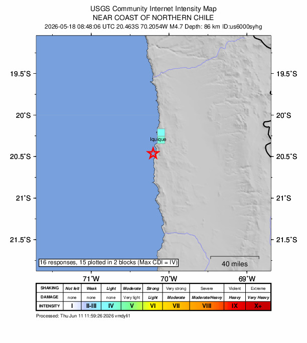 USGS DYFI community-reported intensity map for the M4.7 earthquake near 21 km SSW of La Tirana, Chile