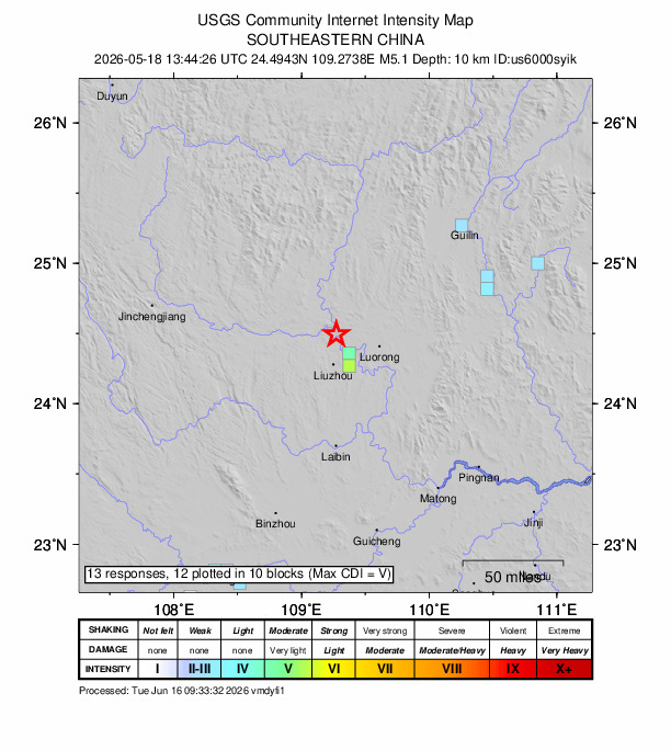 USGS DYFI community-reported intensity map for the M5.1 earthquake near 20 km NW of Liuzhou, China