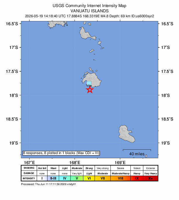 USGS DYFI community-reported intensity map for the M4.8 earthquake near 16 km S of Port-Vila, Vanuatu