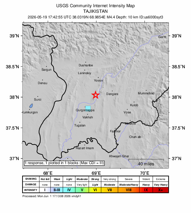 USGS DYFI community-reported intensity map for the M4.4 earthquake near 18 km ENE of Abdurahmoni Jomí, Tajikistan