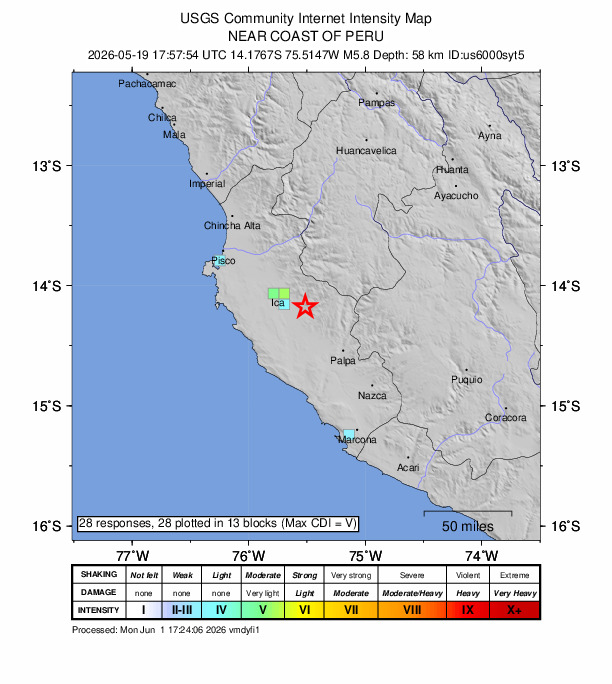 USGS DYFI community-reported intensity map for the M5.8 earthquake near 20 km ESE of Pampa de Tate, Peru