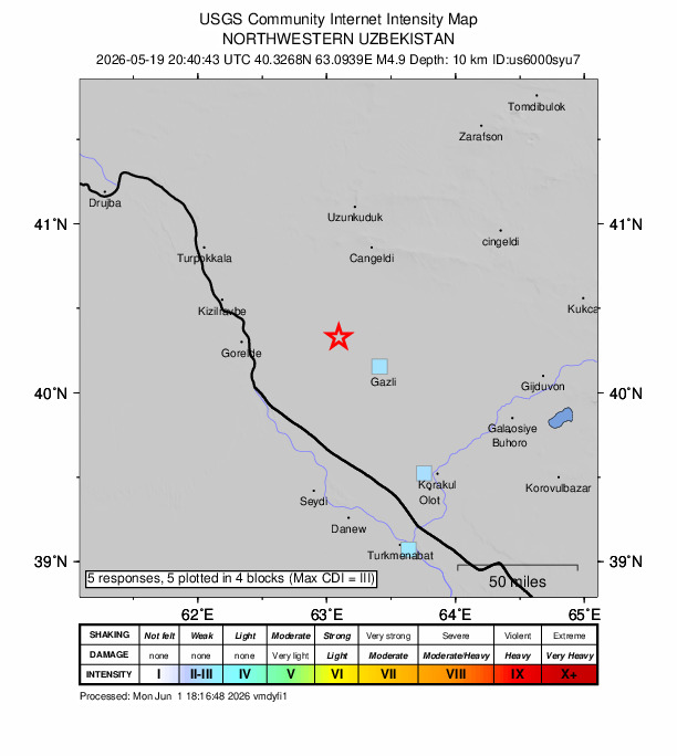 USGS DYFI community-reported intensity map for the M4.9 earthquake near 37 km NW of Gazli, Uzbekistan