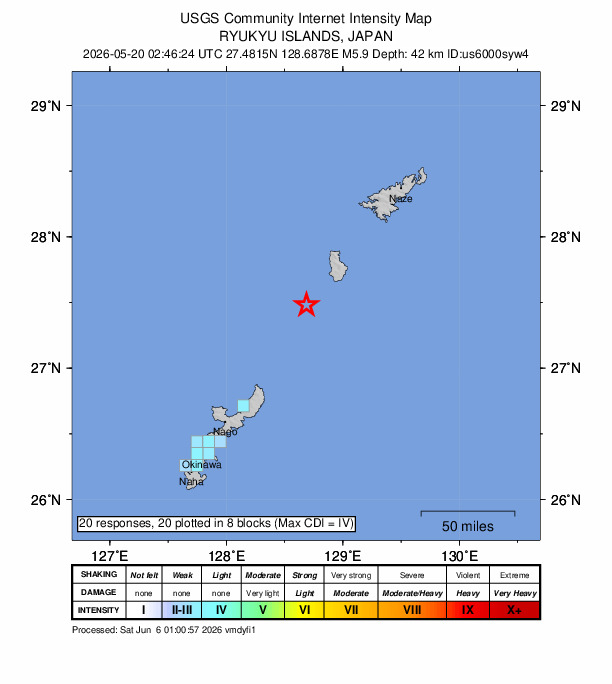 USGS DYFI community-reported intensity map for the M5.9 earthquake near 11 km NNE of Wadomari, Japan