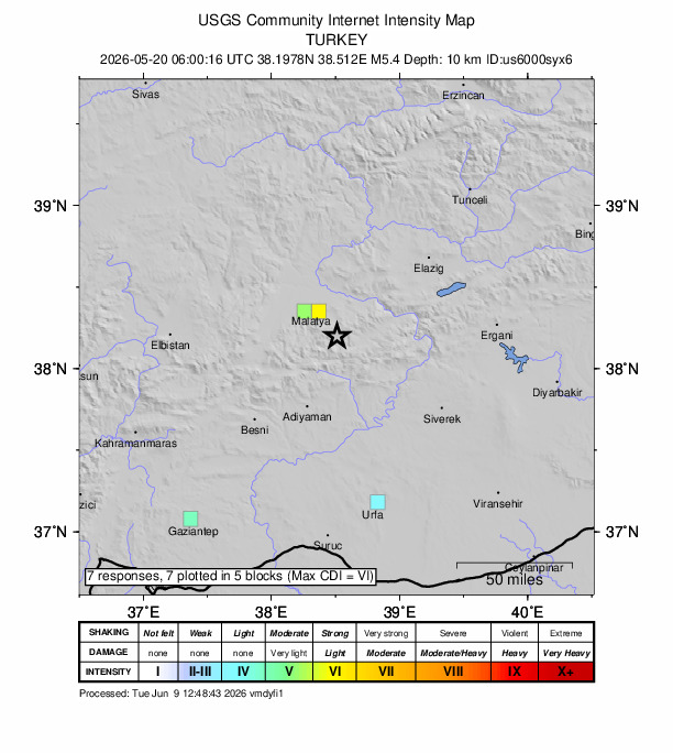 USGS DYFI community-reported intensity map for the M5.4 earthquake near 20 km NNW of Sincik, Turkey