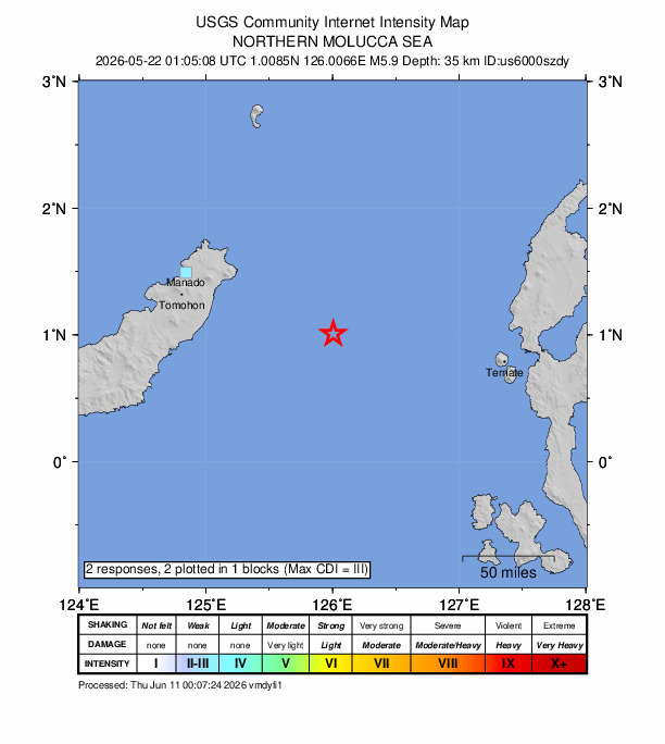 USGS DYFI community-reported intensity map for the M5.9 earthquake near 115 km ESE of Bitung, Indonesia
