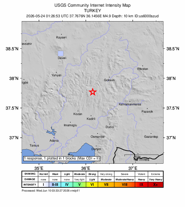 USGS DYFI community-reported intensity map for the M4.9 earthquake near 20 km ESE of Feke, Turkey