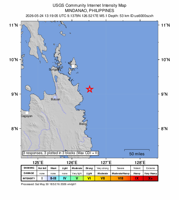 USGS DYFI community-reported intensity map for the M5.1 earthquake near 33 km ENE of La Paz, Philippines