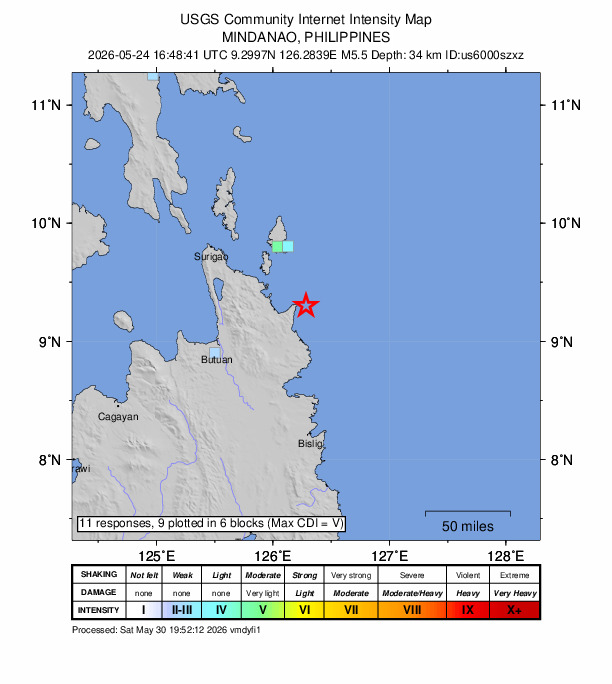 USGS DYFI community-reported intensity map for the M5.5 earthquake near 10 km E of Cortes, Philippines