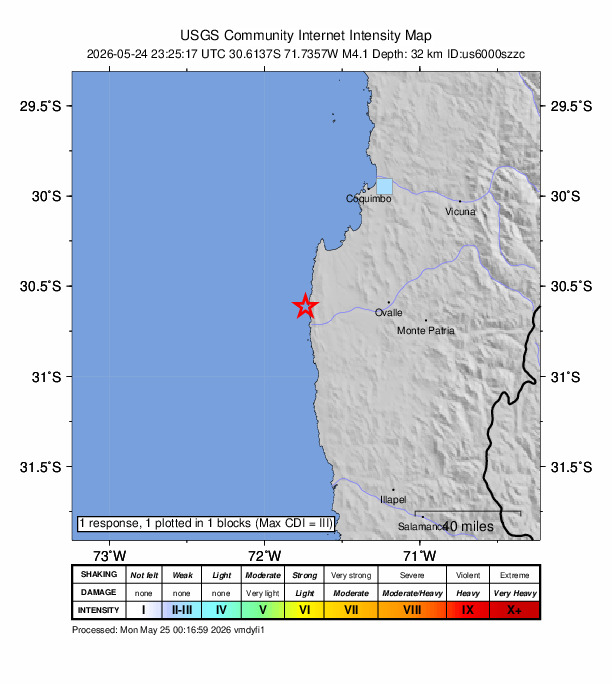 USGS DYFI community-reported intensity map for the M4.1 earthquake near 53 km W of Ovalle, Chile