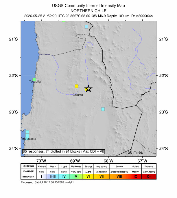 USGS DYFI community-reported intensity map for the M6.9 earthquake near 34 km ENE of Calama, Chile