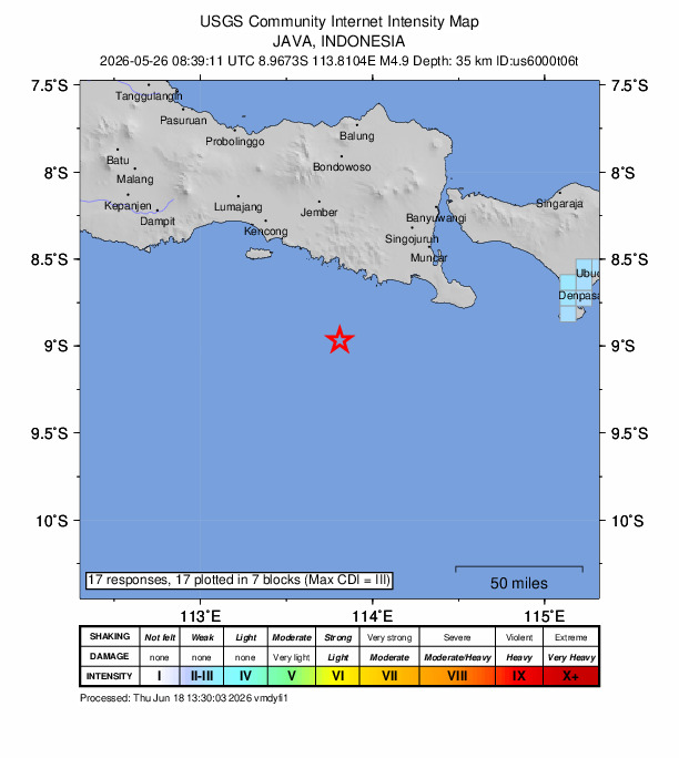 USGS DYFI community-reported intensity map for the M4.9 earthquake near 67 km SW of Gambiran Satu, Indonesia