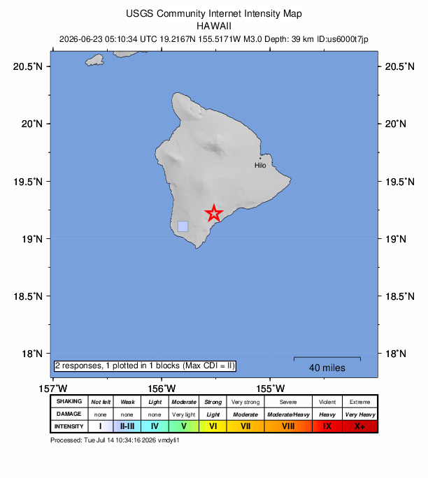 USGS DYFI community-reported intensity map for the M2.8 earthquake near 3 km SSW of Pāhala, Hawaii
