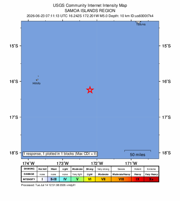USGS DYFI community-reported intensity map for the M5.0 earthquake near 173 km E of Hihifo, Tonga