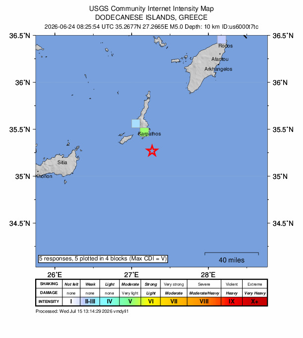 USGS DYFI community-reported intensity map for the M5.0 earthquake near 26 km S of Karpathos, Greece