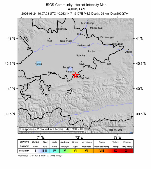 USGS DYFI community-reported intensity map for the M4.3 earthquake near 7 km WSW of Quvasoy, Uzbekistan