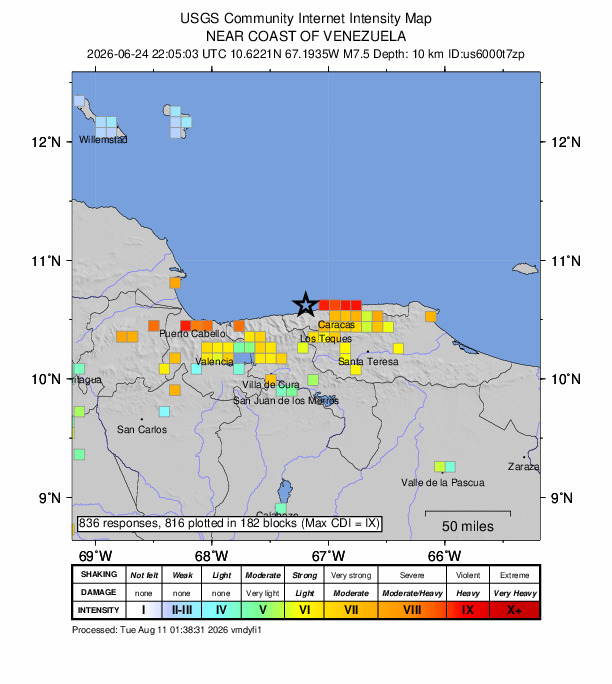 USGS DYFI community-reported intensity map for the M7.5 earthquake near 17 km W of Catia La Mar, Venezuela