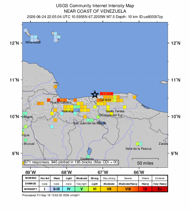 USGS DYFI community-reported intensity map for the M7.5 earthquake near 20 km W of Catia La Mar, Venezuela