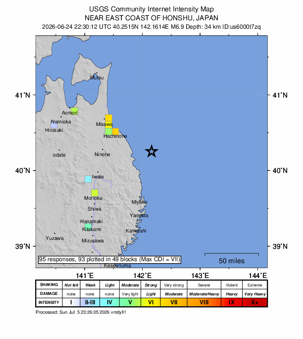 USGS DYFI community-reported intensity map for the M6.9 earthquake near 32 km ENE of Kuji, Japan