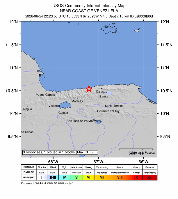 USGS DYFI community-reported intensity map for the M4.5 earthquake near 35 km NNW of Catia La Mar, Venezuela