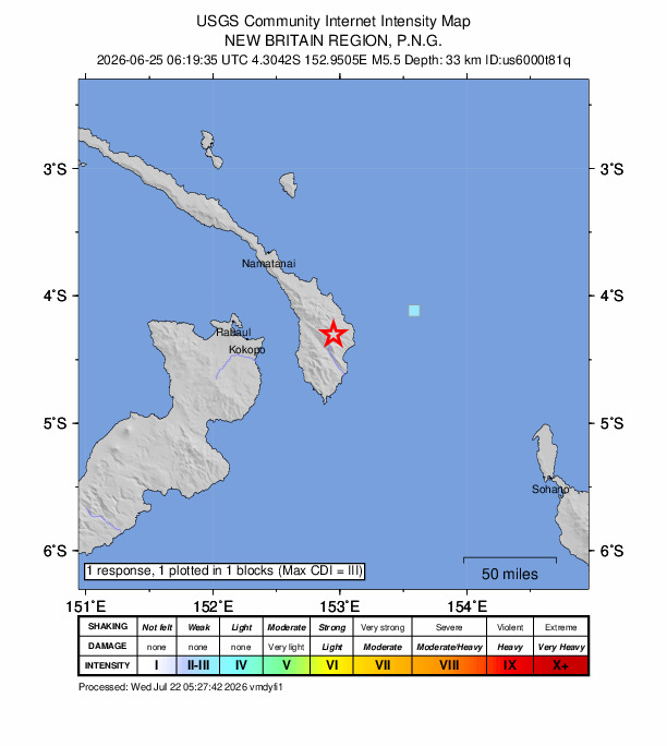 USGS DYFI community-reported intensity map for the M5.5 earthquake near 75 km E of Kokopo, Papua New Guinea
