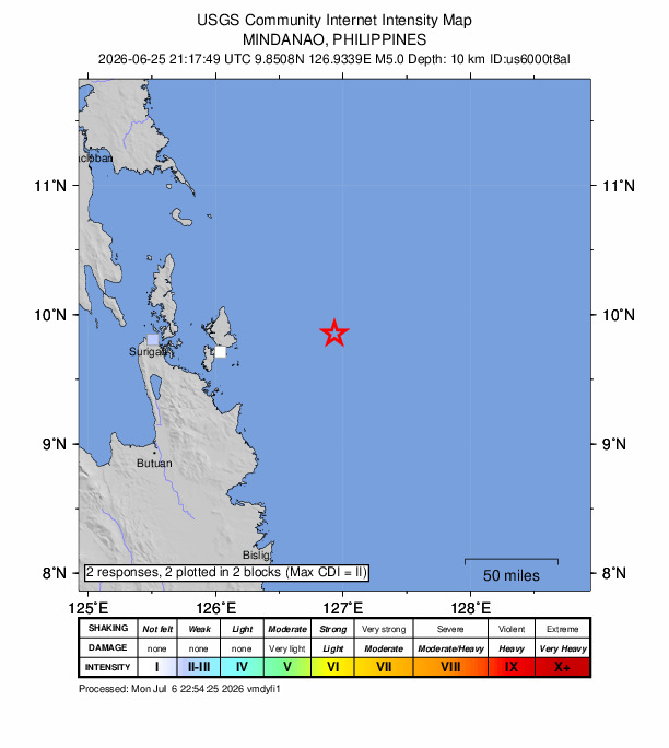 USGS DYFI community-reported intensity map for the M5.0 earthquake near 90 km E of Union, Philippines